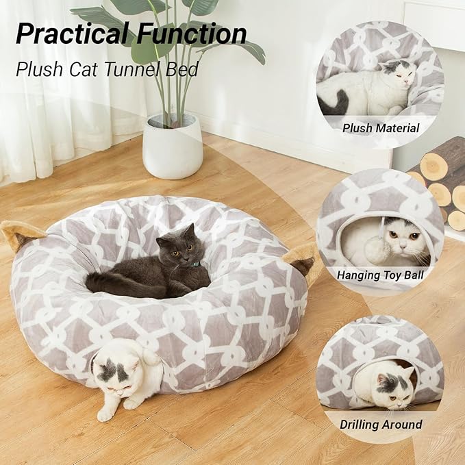 LUCKITTY Large Cat Tunnel Bed Under Christmas Tree with Fluffy Toy Balls, Small Cushion and Flexible Design- 10 inch Diameter, 3 ft Length- Great for Cats, and Small Dogs, Gray Geometric Figure