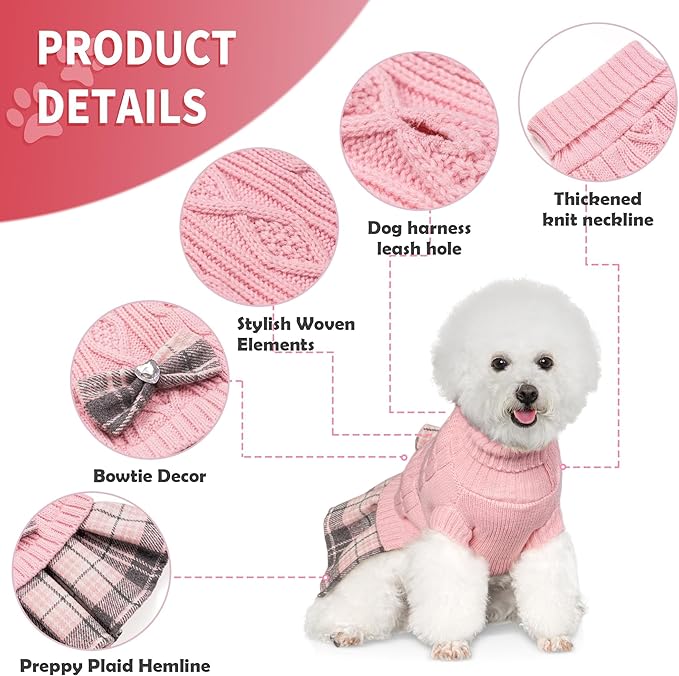 WOYYHO Girl Dog Sweater Dress with Bowtie Turtleneck Small Dogs Sweater with Leash Hole, Knitted Small Dog Sweaters Dress Puppy Winter Clothes for Yorkies Chihuahua (Large, Pink)