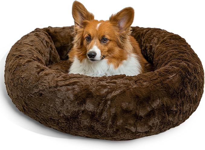 Best Friends by Sheri Original Calming Donut Dog and Cat Bed, Lux Faux Fur, Dark Brown, (30in x 30in) - Anxiety Relief for Pets Up to 45 lbs