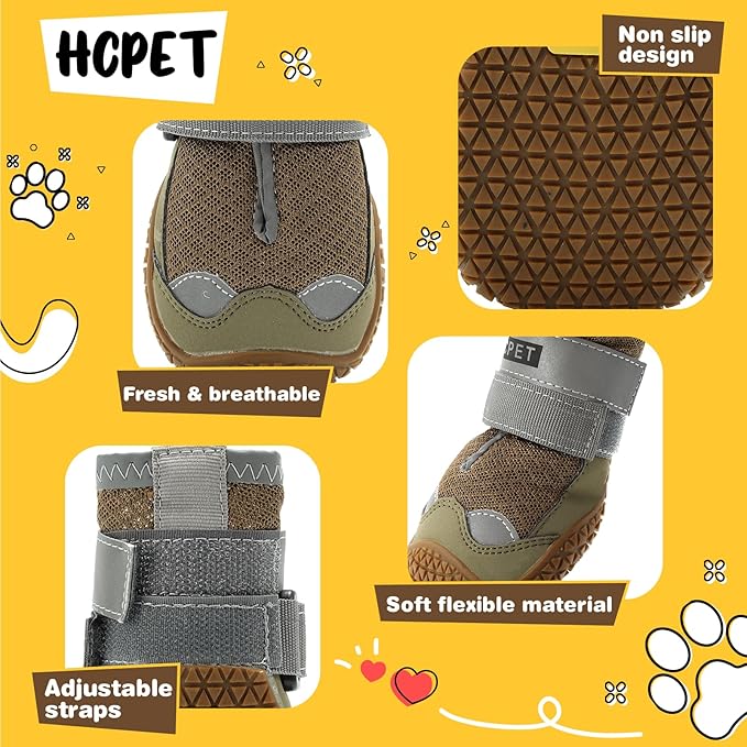 Hcpet Dog Shoes for Large Dogs, Breathable Dog Booties for Small Medium Dogs, Anti-Slip Dog Boots & Paw Protectors for Hot Pavement Winter Snow Hiking with Reflective Straps Army Green Size 5