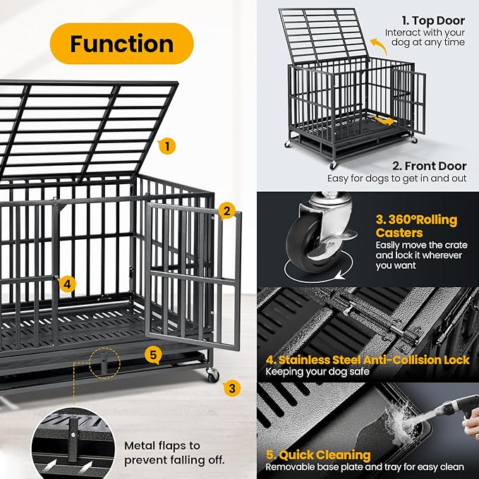 Oranland 38 inch Heavy Duty Indestructible Dog Crate,2025 New Upgraded Reinforced Baseplate for Large Dogs,XL Dog Kennel Indoor for High Anxiety Dogs/Max Load Capacity 200lbs/Double Door with Wheels