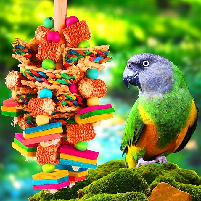 Parrot Toys for Medium and Large Birds Natural Wood Corn Cob Chewing Toy Bird Cage Accessories for African Grey,Macaws,Conure,Cokatoos,Cockatiel,Amazon Parrots