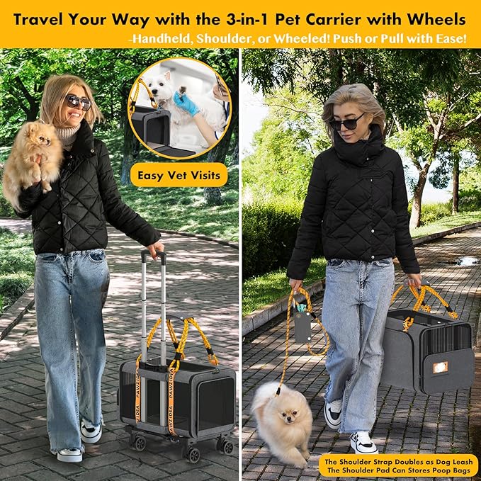 PAWZIDEA Expandable Pet Carrier with Wheels, 18"X11"X11" TSA-Approved Cat Carrier for 2 Cats Under Seat, Soft-Sided Top Load Dog Carrier for Small Dogs Rolling Travel Bag w/Telescopic Handle, ID Card