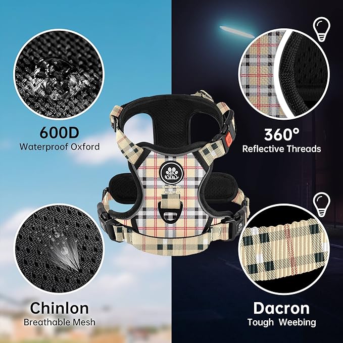 NESTROAD No Pull Dog Harness with Leash, Reflective No Choke Pet Vest Harness,Adjustable Soft Padded Dog Harness with Easy Control Handle for Small Dogs(Checkered Beige,Small)