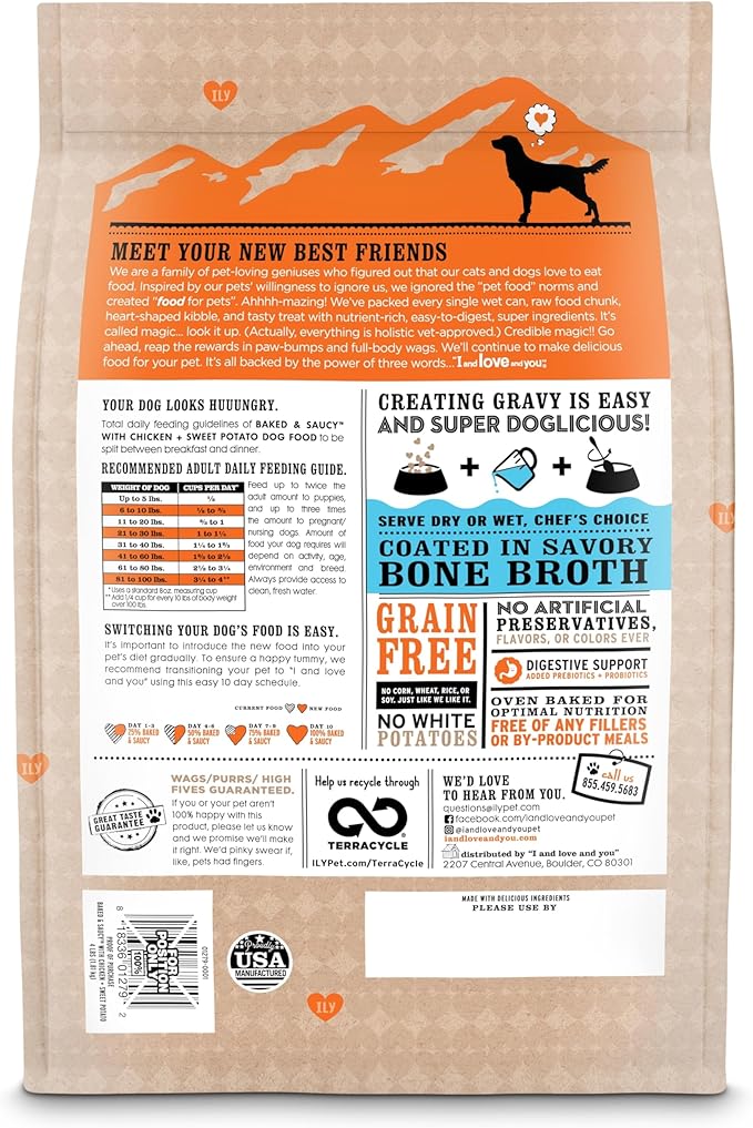 I AND LOVE AND YOU Baked and Saucy Dry Dog Food - Chicken + Sweet Potato - Prebiotic + Probiotic, Real Meat, Grain Free, No Fillers, 4lb Bag