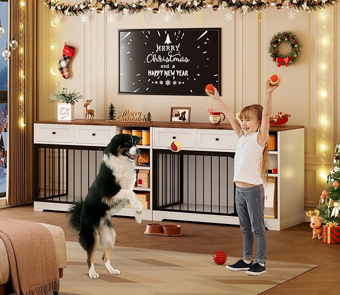 Dog Crate Furniture 47", Large Dog Crate TV Stand with 2 Drawers and 4 Shelves, Wooden Dog Kennel Indoor, Decorative Dog Cage with Storage for Large Dogs, White