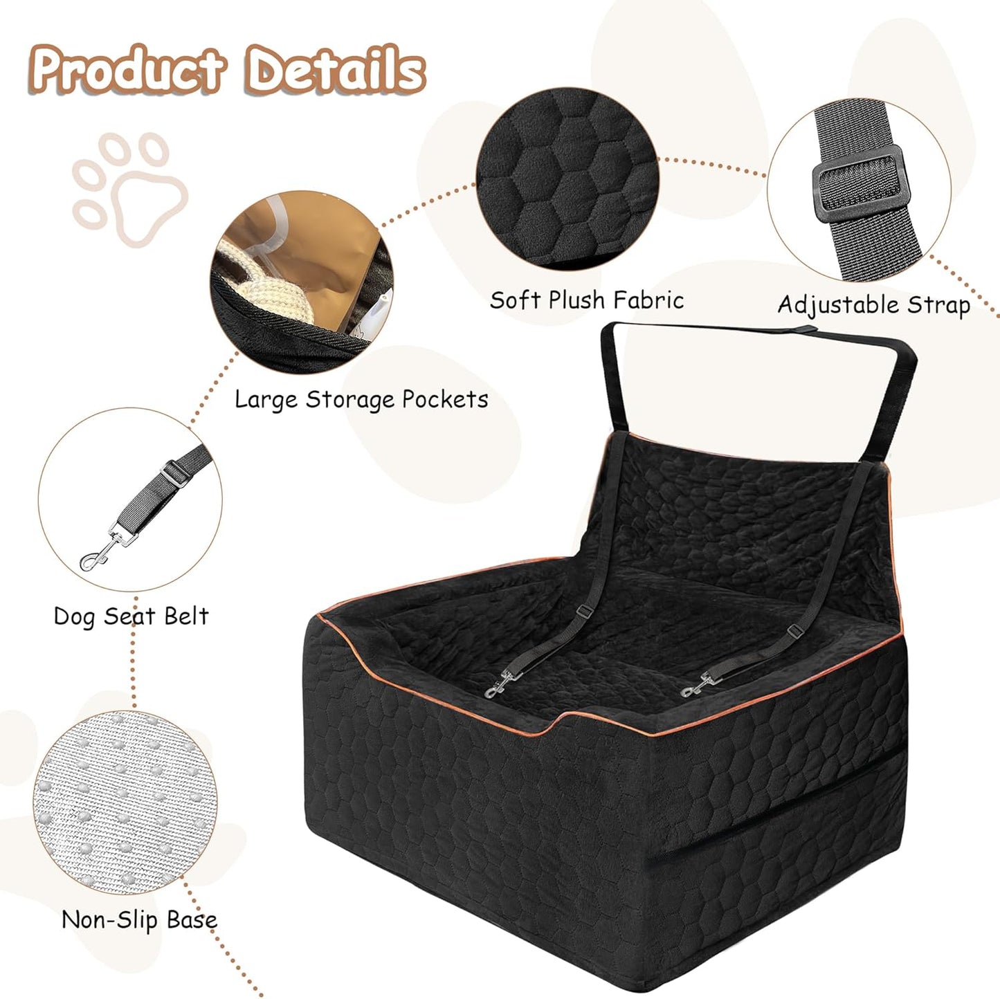 Dog Booster Seat for Larger & Medium Dogs – Comfortable Dog Car Bed with Washable Cover and Storage Pockets for Pets Up to 60lbs (Black)