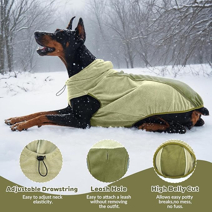 IECOii Fleece Dog Sweater for Large Dogs, Reflective Dog Fleece Sweatshirt Vest with Convenient Leash Hole, Lightweight Turtleneck Sweater for Fall Winter, Warm Great Dane Hoodie, Green, XXXL