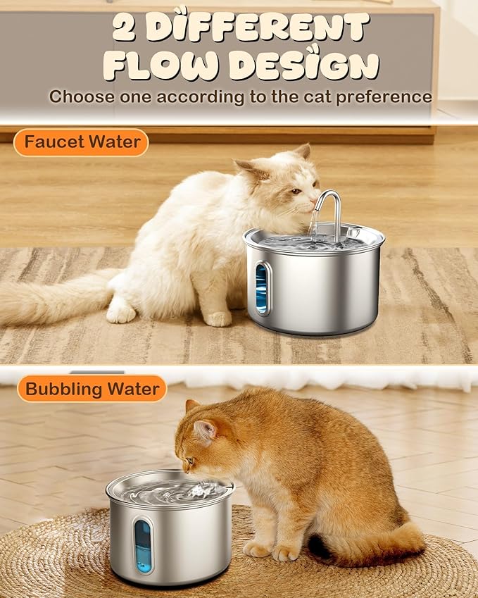 Stainless Steel Cat Water Fountain, 3.2L/108oz Quiet Automatic Cat Water Dispenser, Indoor Pet Spout, Dog Drinking Bowl with 1x Filter & 1x Sponge for Cats/Dogs/Multiple Pets - Silver