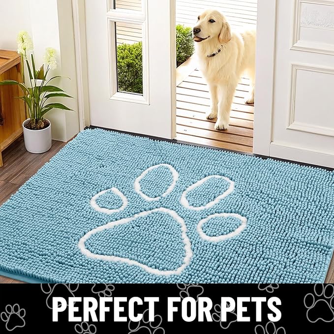 Smiry Dog Door Mat for Muddy Paws, Absorbent Dirt Trapper Non Slip Quick Dry Washable Chenille Mat for Mud Dogs, Entry Rug for Indoor and Outdoor (30x20 Inches, Sky Blue)