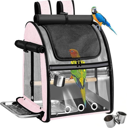 Sanmoncare Bird Carrier Backpack with Stainless Steel Mesh, Parrot Travel Cage with Stand, Easy to Clean, Portable Conures Travel Bag, Pet Breathable Travel Cage