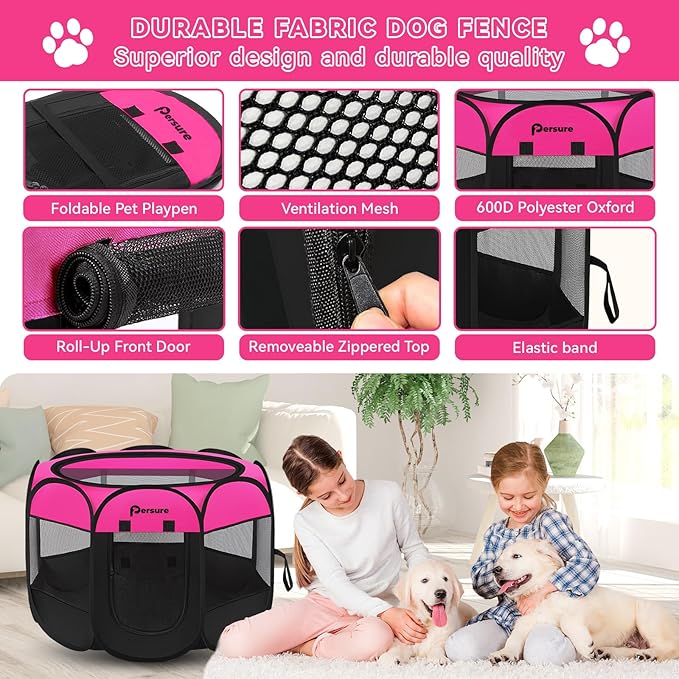Dog Cat Playpen Indoor Outdoor for Puppy Pet Travel and Recovery After Surgery, Dogs Enclosure Tent Crates Cage Indoor/Outdoor, Portable Pop Up Dog Kennel with Carrying Case(Rosy, Medium)