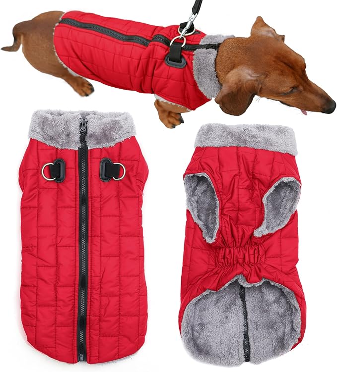 Warm Fleece Dog Coats with Durable Harness Buitl in D-Ring,Waterproof Doggie Jacket for Medium Dogs,Dog Vest for Cold Winter,Red L
