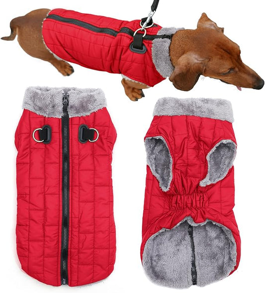 Warm Fleece Dog Coats with Durable Harness Buitl in D-Ring,Waterproof Doggie Jacket for Medium Dogs,Dog Vest for Cold Winter,Red L