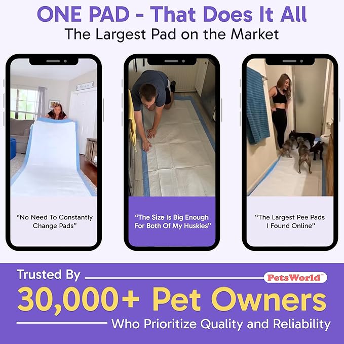PETSWORLD Mega-Sized Dog Pee Pads (40" x 99") – 4XL Gigantic Pet Piddle Pads for Puppy Training, Incontinence – with Adhesive Sticky Tape – Leak Proof, 5-Layer Protection (10 Count)