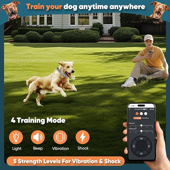 GPS Wireless Dog Fence with Free App, Electric Fence System with Training Collar, Portable Fence for Outdoor Use, Rechargeable Waterproof Flexiable Collar, Adjustable for Large Medium Dogs