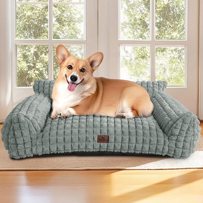 Cute Small & Medium Dog Couch Bed – Supportive & Fluffy Pet Sofa with Faux Rabbit Fur Washable Cover in 3D Diamond Pattern, 36" Grey