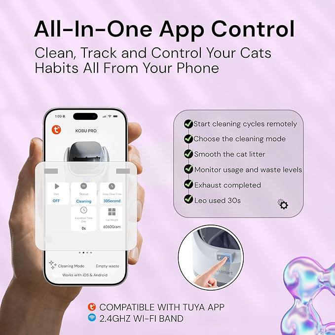 Open-Top Self Cleaning Litter Box, 68L Large Capacity for Multi Cats - Automatic Litter Box New Gray Design with App Control & Fragrance Dispenser for a Fresh Home