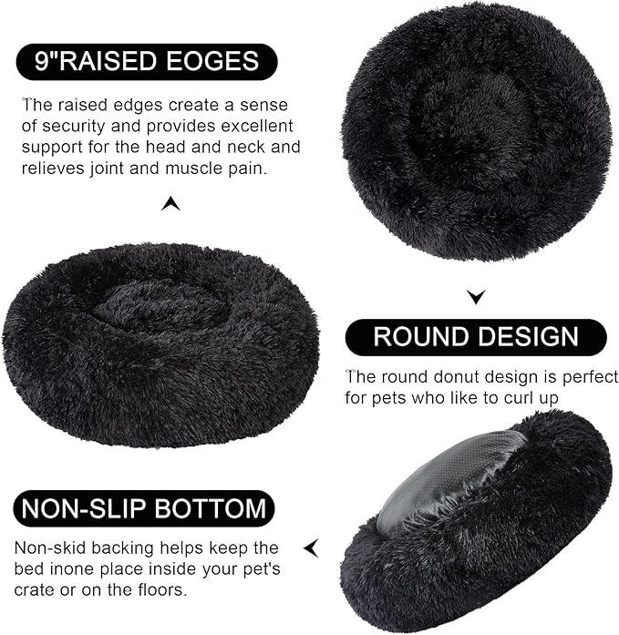 Dog Calming Beds for Small Medium Large Dogs - Round Donut Washable Puppy Dog Bed, Anti-Slip Faux Fur Fluffy Donut Cuddle Anxiety Cat Pet Bed(24'' Black)