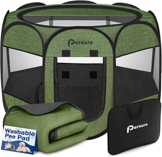 Dog Cat Playpen Indoor Outdoor for Puppy Pet Dogs Cat Recovery After Surgery, Dog Tent Crates Cage Indoor/Outdoor, Portable Pop Up Kennel with Carrying Case for Travel (Premium Green with Pad, Small)