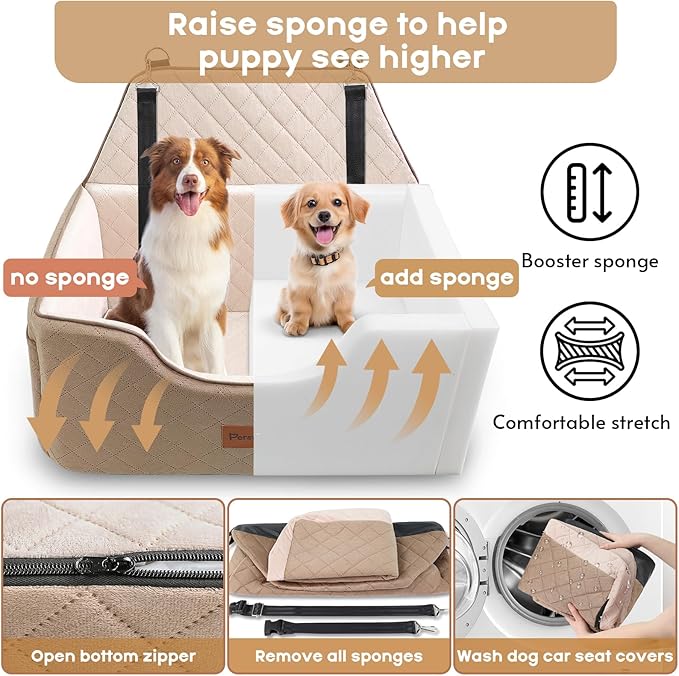 Dog Car Seat for Large-Medium Dogs: Pet Car Seat, Detachable Washable Dog Booster Seat, Pet Travel Bed with Storage Pockets and Dogs Safety Belt (Coffee, Large)
