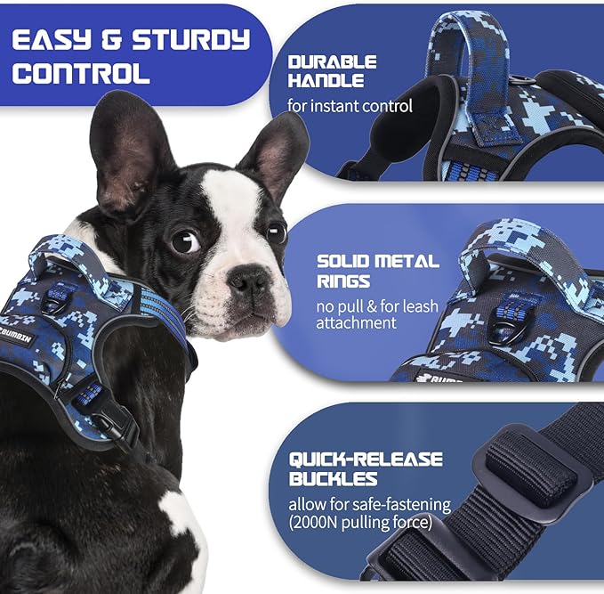 BUMBIN Dog Harness for Large Dogs, No Pull Adjustable No Choke Pet Vest with Dog Leash Fit Smart Reflective Pet Walking Harness for Training Easy Control Soft Handle Blue Camo S