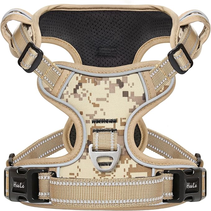 HEELE Dog Harness, No Pull Adjustable Padded Reflective Harness for Small Medium Large Dogs with Handle for Walking Training, Camo Tan, M