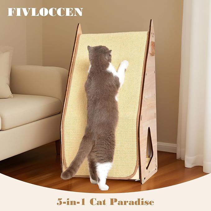 large Cat Scratching Post with Bed: Modern Sisal Cat Scratcher & Wood Frame, Integrated Cat Scratch Pad Post Condo Tunnel. All-in-One Space Saver for Multi-Cat & Budget-Friendly Homes (32in)