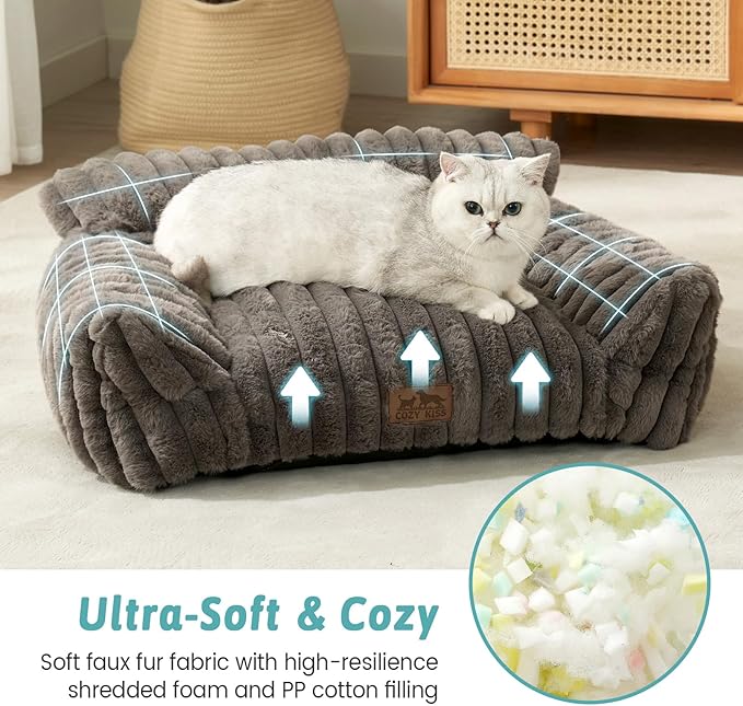 Cute Cat Couch, Premium Plush Faux Fur Pet Couch Bed, Ultra-Soft Pet Furniture for Cats & Small Dogs (Grey, S: 25.5''x17.5'')