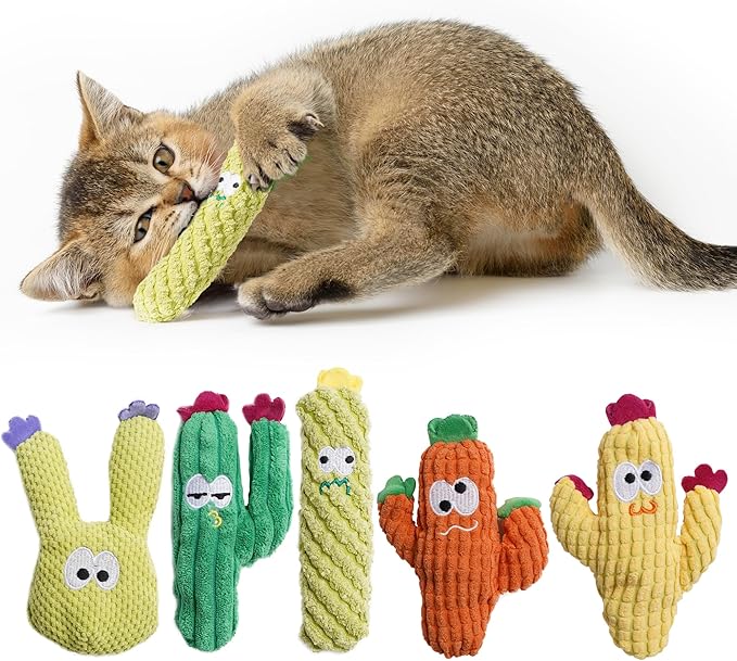5 Pack Cactus Catnip Toys, 100% Pure Organic Catnip Filled Toys for Indoor Cats, Interactive Plush Chew Fun Without Cotton, Teething Soft Pet Toys for Kittens Kitty