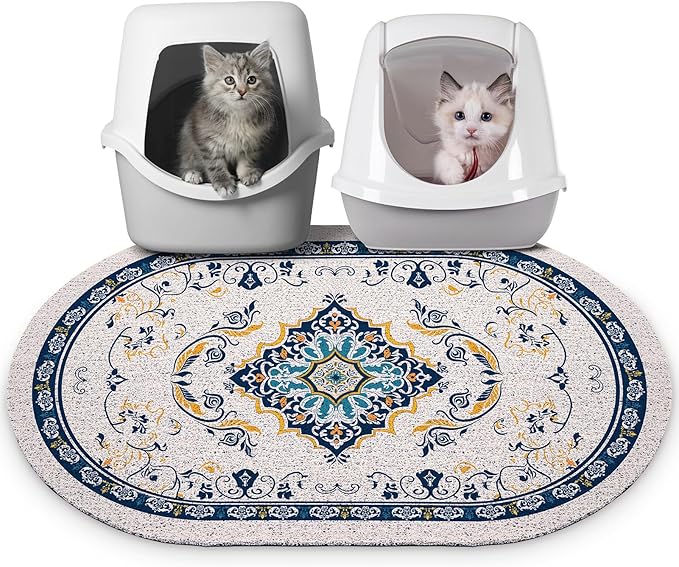 Bienbee Cat Litter Mat, 33" x 22" Large Size Litter Box Mat Rug with Non-Slip Bottom, Easy to Clean Cat Supplies Accessories Essentials for Indoor Kitty Kitten Floor, Blue L