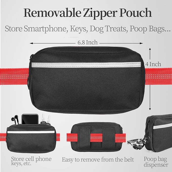 iYoShop Hands Free Dog Leash with Zipper Pouch, Dual Padded Handles and Durable Bungee for Walking, Jogging and Running Your Dog (Medium, 8-25 lbs, Red)