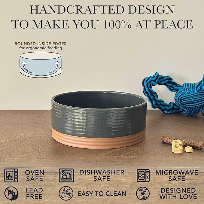 Mora Ceramic Pet Bowl - Large Food/Water Dish for Large Dogs, Cats, Great Dane, Mastiff - 50oz or 8 Cups - Basic Bowls - Charcoal