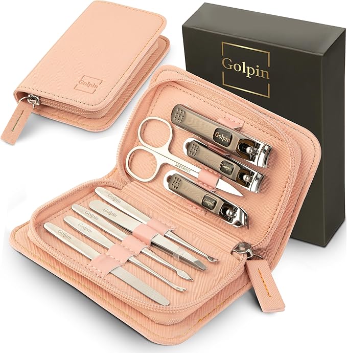 9 Pcs Manicure Kit for Men & Women – Stainless Steel Tools with Pink Travel Nail Kit Case, Nail Clippers, Cuticle Pusher, File, Gift Ready Women & Mens Manicure Set