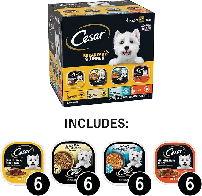 Cesar Wet Dog Food Home Delights & Classic Loaf in Sauce, Breakfast & Dinner Variety Pack, 3.5 oz. Easy Peel Trays (24 Count, Pack of 1)