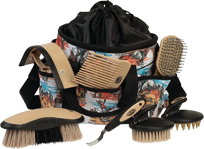 Weaver Leather Horse Grooming Kit, 7-piece Brush Set with Organizer Tote Bag, Equine Care, Grooming Supplies, Bucking Bronc
