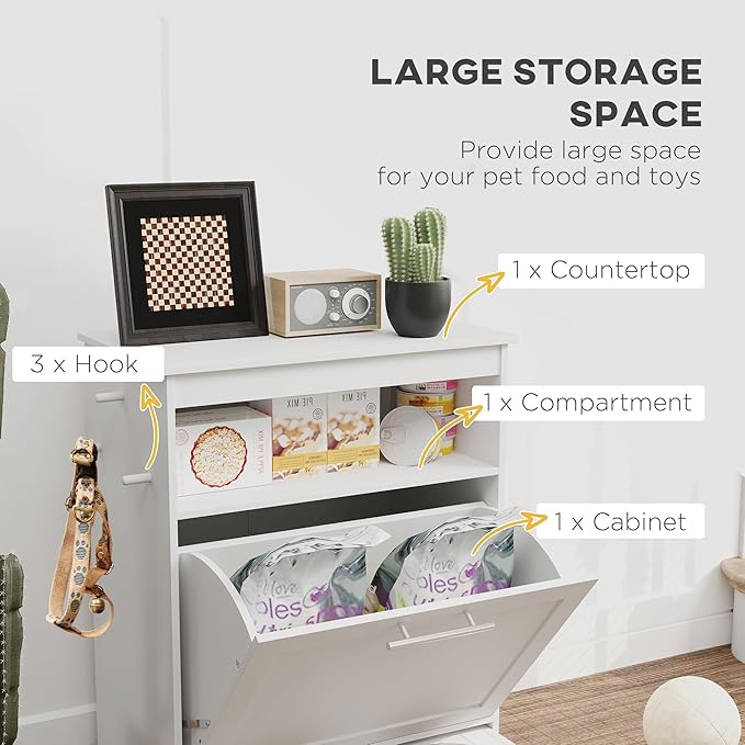 PawHut Dog Feeding Station with Storage, Pet Feeder Cabinet Container with Raised Bowls and Hanger for Feeding & Watering Supplies, Dog Food Organizer, White