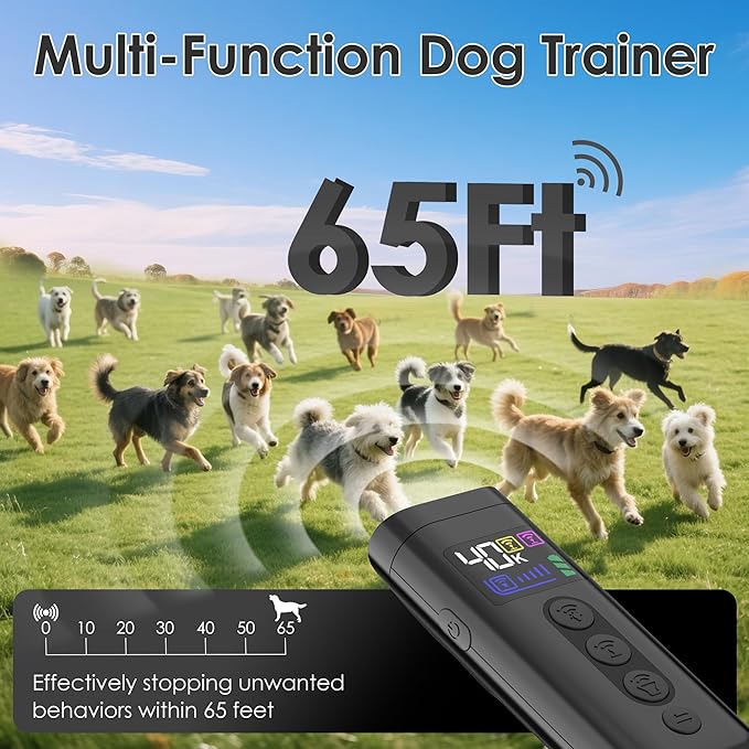 Dog Bark Deterrent Device, 65 FT Range,3X Ultrasonic Bark Deterrent Device & Ultrasonic Dog Trainer - Anti-Barking Device with Color Display, Safe & Effective Alternative to Bark Collars - Black