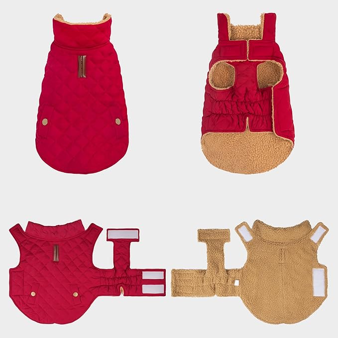 azuza Dog Jacket Waterproof & Windproof Dog Coat for Small Dogs with Thick Fleece, High Collar with Leash Hole, Adjustable Velcro & Elastic Belly, Red L