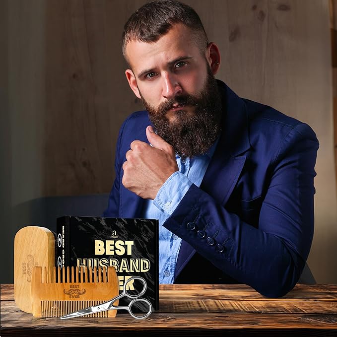 Gifts for Husband - Beard Kit for Men Grooming and Care with Brush, Comb, Scissors & Storage Bag - Husband Birthday Gift Ideas, Fathers Day Birthday Gifts for Men, Beard Growth Kit