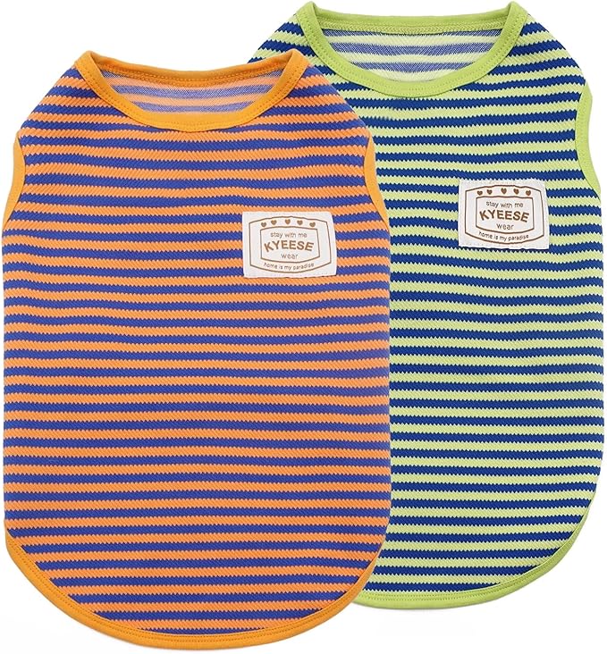 KYEESE 2Pack Dog Shirts Striped for Small Dogs Soft Stretchy T-Shirts Lightweight Tank Top Sleeveless Dog Vest Breathable Cat Shirt, Small, Orange+Green