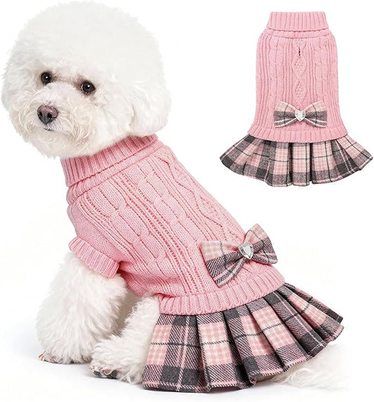 WOYYHO Girl Dog Sweater Dress with Bowtie Turtleneck Small Dogs Sweater with Leash Hole, Knitted Small Dog Sweaters Dress Puppy Winter Clothes for Yorkies Chihuahua (Medium, Pink)
