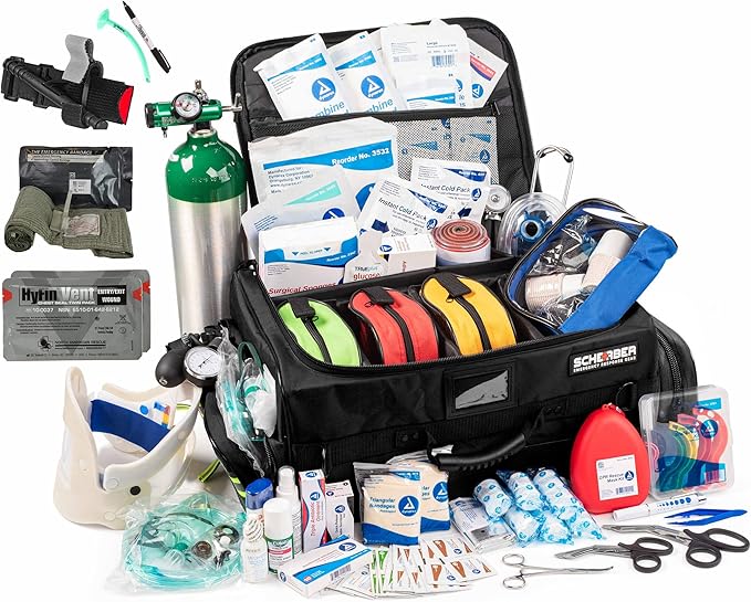 Scherber Fully-Stocked Premium First Responder Bag | HSA/FSA Approved | Large Pro EMT/EMS Trauma, Bleeding & Oxygen Medical Kit | CAT Tourniquet, HyFin Chest Seal & 250+ First Aid Supplies (Black)