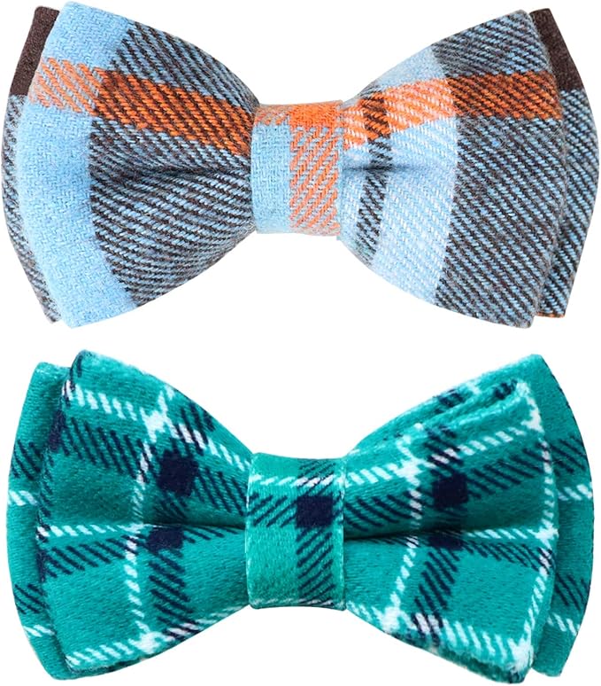 Joytale Upgraded Cat Collar with Bells, Breakaway Cat Collars with Bow Tie, 2 Pack Girl Boy Safety Plaid Kitten Collars, Haze Blue+Teal