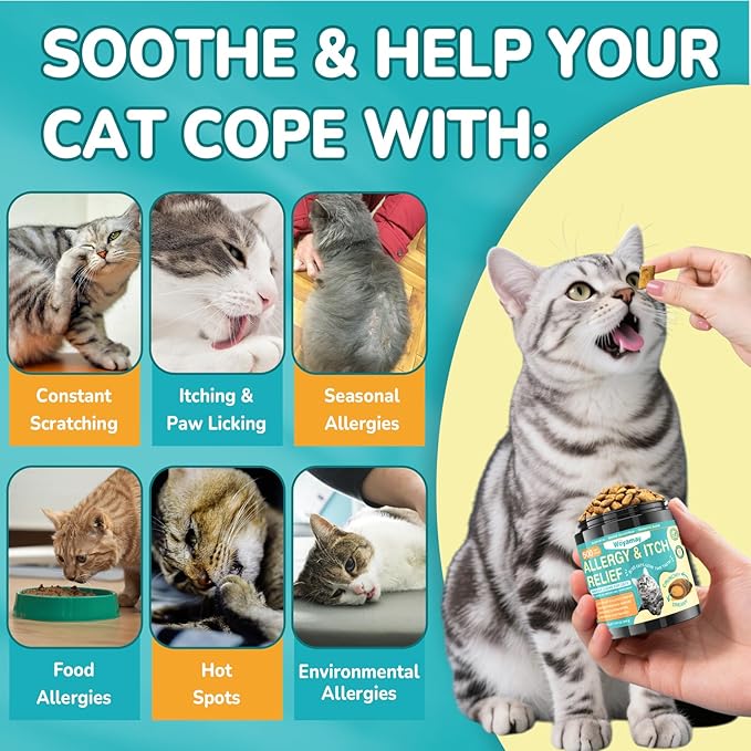 Cat Allergy Relief for Cats, 500 Crunchy & Creamy Anti-Itch and Immunity Chews for Itchy Skin, Paws, Eyes, Ears| Stop Licking & Scratching, Supports Seasonal Itching, Chicken Flavor