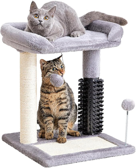 Made4Pets Small Cat Tree Tower, Cat Scratching Post 4-in-1 with Self Groomer Brush, 20" Tall Natural Sisal Cat Scratcher, Plush Perch Bed with Dangling Ball for Indoor Kittens, Grey