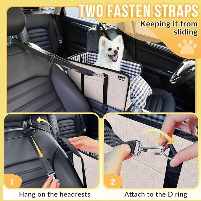 SlowTon Console Dog Car Seat - Portable Dogs Armrest Booster Seat for Small Dog, Anti-Collapse Pet Car Seat with Soft Cushion Safety Belt, Support Pet Up to 11lbs (Beige)