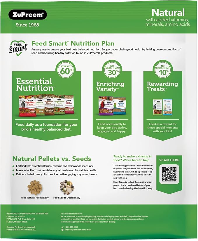 ZuPreem Natural Bird Food, Daily Bird Feed Pellets for Cockatiel, Lovebird, Quaker, Small Conure, Lorikeet, Core Nutrition, Added Vitamins, Made in USA, Cockatiel Food, (Medium, 10 lb Bag)