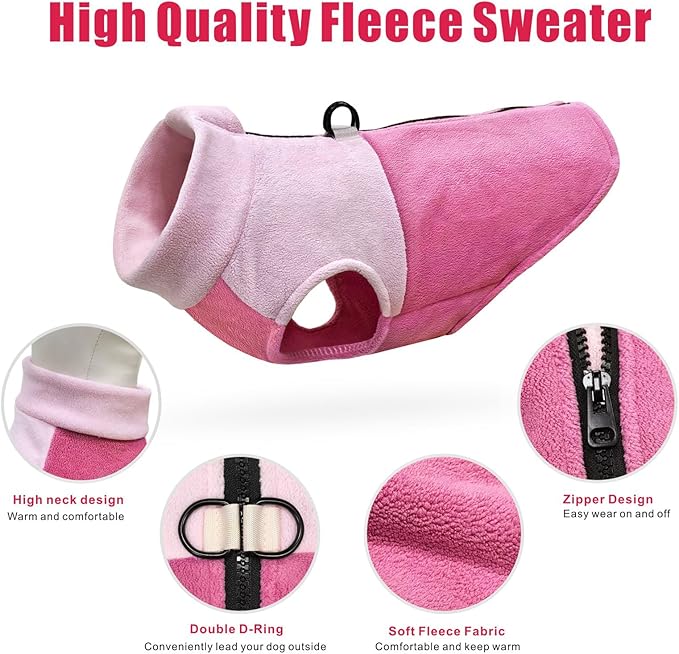 Idepet Dog Fleece Vest Sweater Zip Up Warm Pullover Dogs Jacket with D-Ring Leash Winter Cold Weater Coat Pet Sweatershirt Clothes Hoodie for Small Medium Dogs Boy Girl (Pink/Rose Red, XXS)