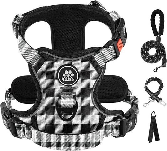 IVY&LANE No Pull Dog Harness with Leash Set, Reflective No Choke Pet Vest,Adjustable Oxford Dog Vest Harness with Easy Control Handle for Large Dogs (Checkered Black,XL)